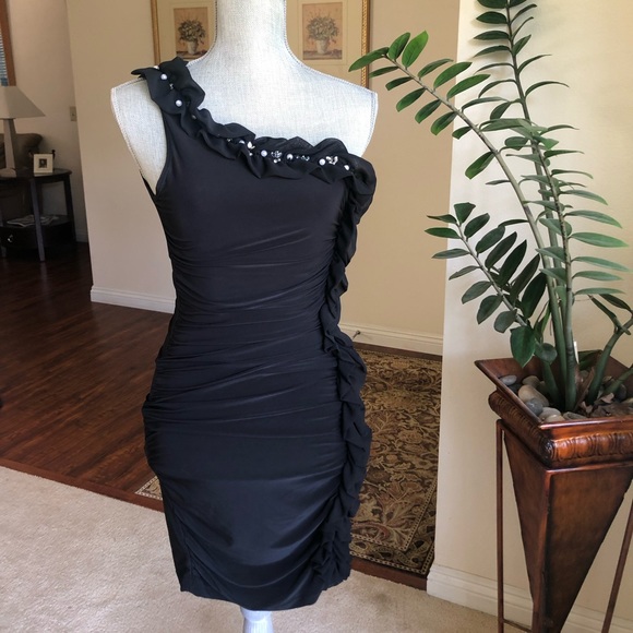 Black, One-Shouldered Ruched Dress - Picture 1 of 4